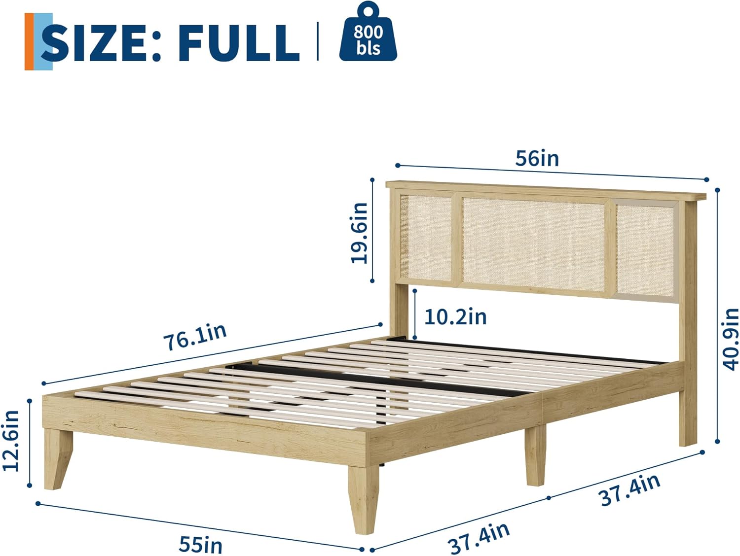 GarveeHome Full Bed Frame with Natural Rattan Headboard, Sturdy Metal Base with Durable Wooden Slats, Boho-Style Cane Mattress Support, No Box Spring Needed