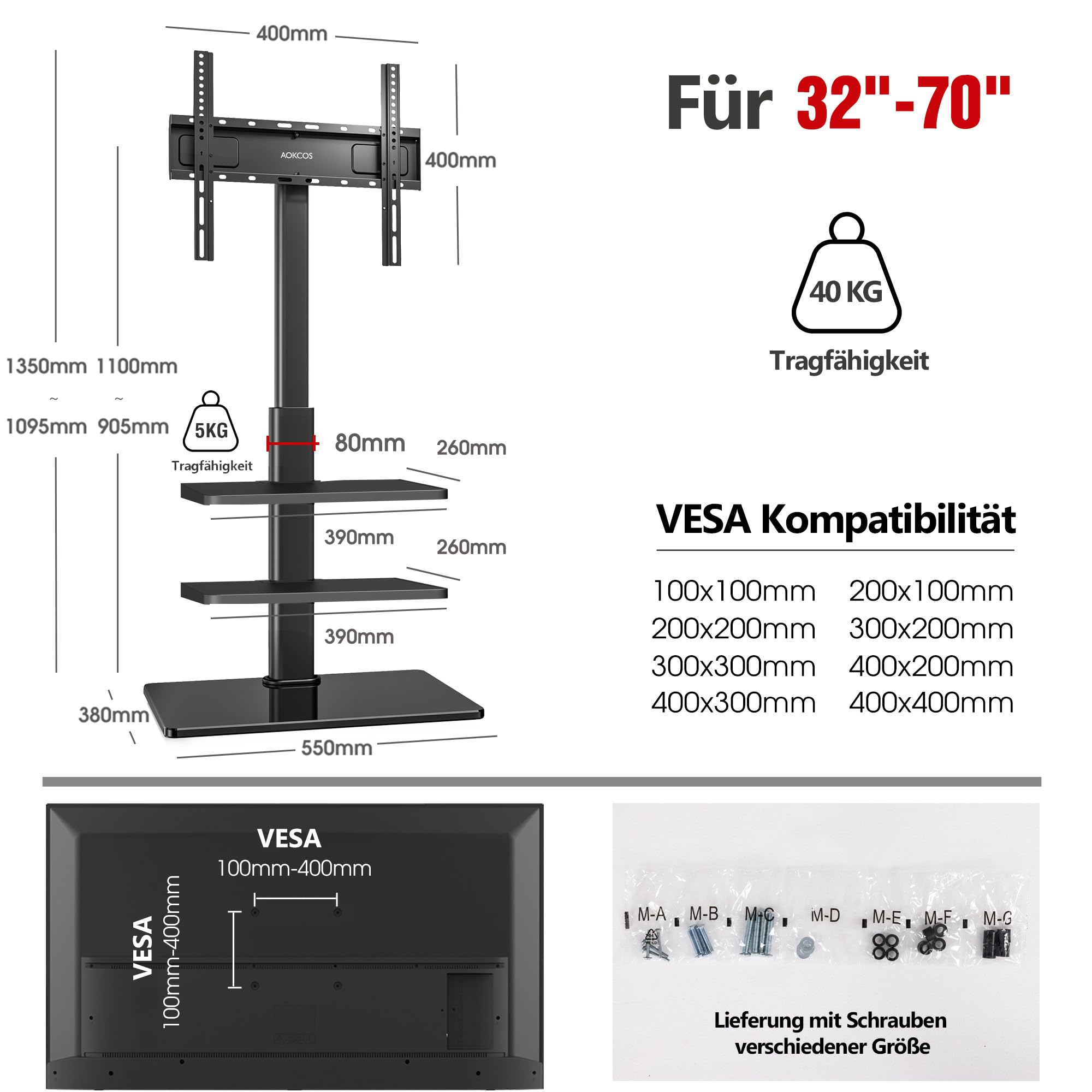 AOKCOS TV Bodenständer Für 32-70 Zoll Fernseher (bis 40 Kg) – Höhenverstellbar, Schwenkbar, Mit 2 Ablagen