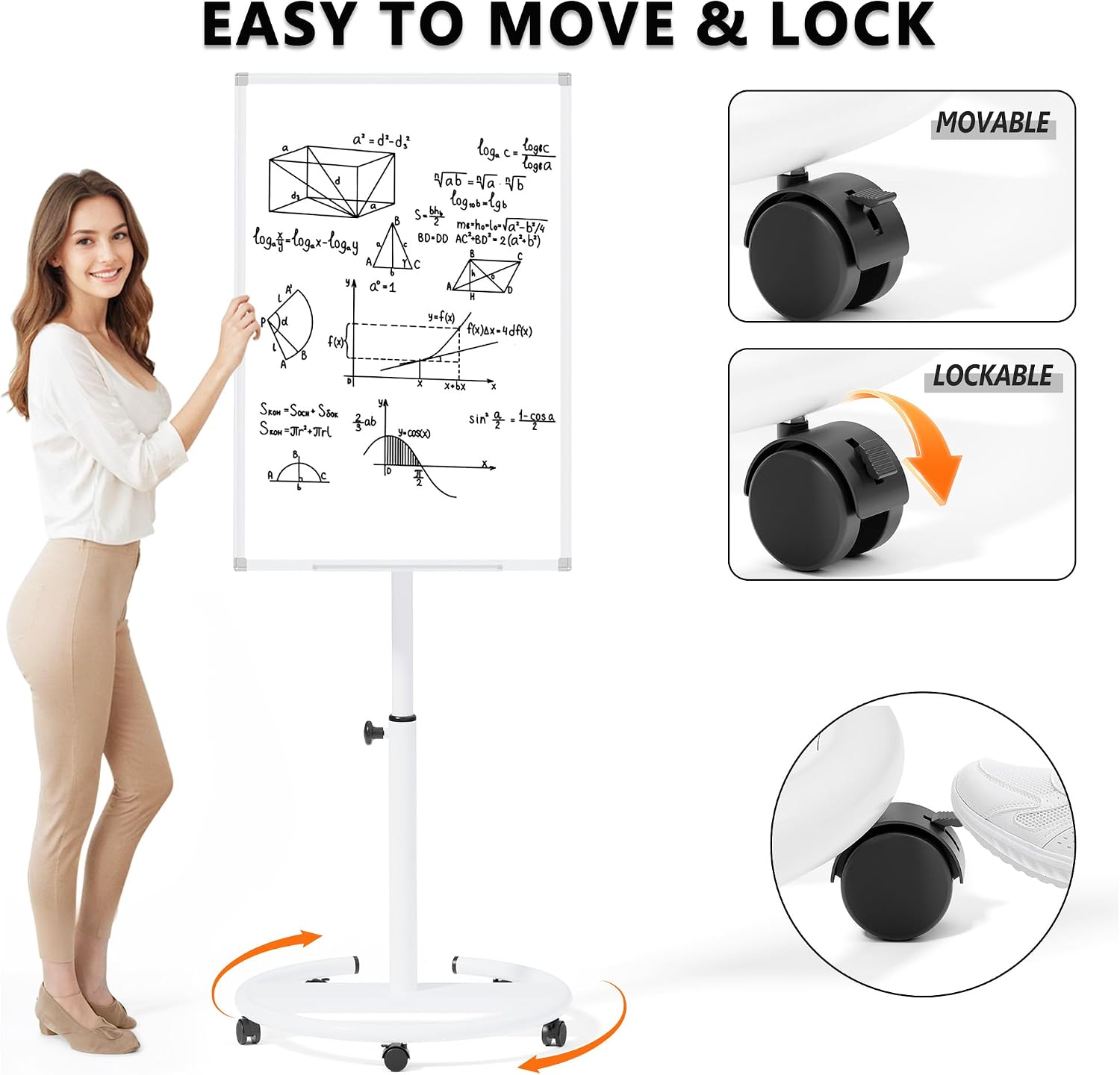 Rolling Whiteboard, Height Adjustable Dry Erase Board with Circular Stand, 36” x 24” Portable Mobile Magnetic White Board on Wheels, Standing Easel for Classroom, Office, Home School