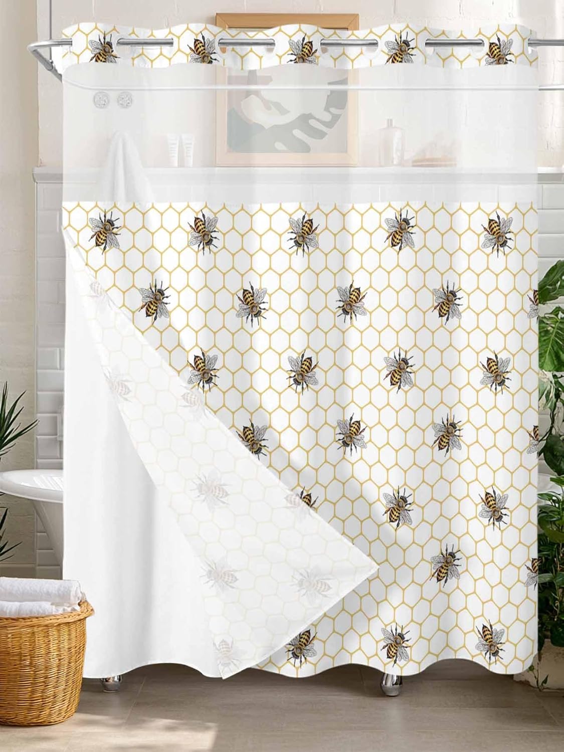 No Hook Shower Curtain with Snap in Liner Set,Pastoral Farm Bee Honeycomb Waterproof Fabric Shower Curtains Rustic Abstract Hexagon Double Layer Bath Curtain for Bathroom,72Wx78L