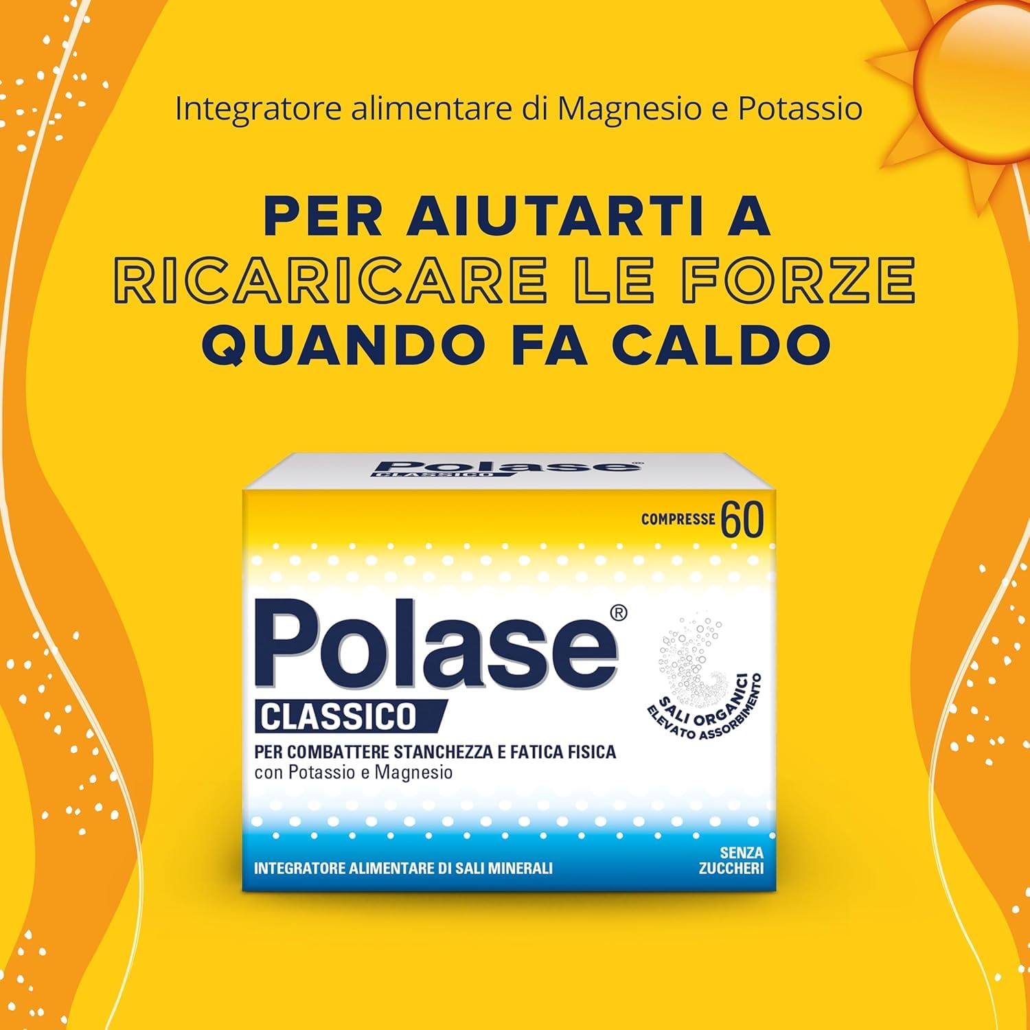 Polase Classico, Magnesio e Potassio,Integratore Alimentare, contro Stanchezza e Fatica Fisica, Caldo, Sali Minerali Organici, 60 Compresse