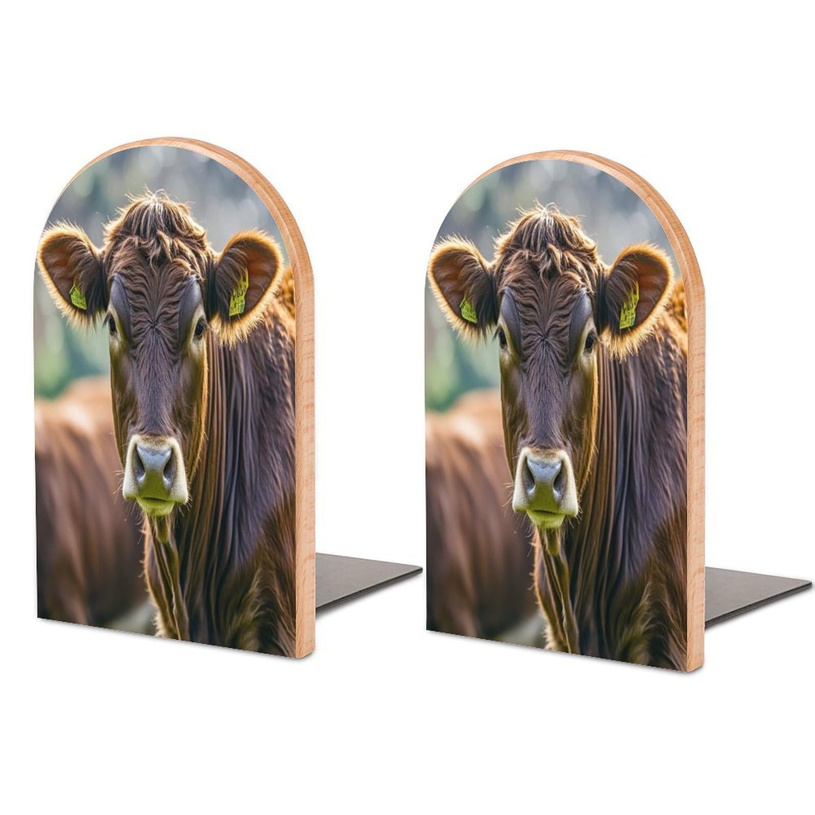 Cow in Brown Bookend for Shelves Unique Book End Sturdy Books Holder Heavy Duty Wooden Bookends Support Non-Slip Book Organizers Decorative Modern Bookend Holder for Home