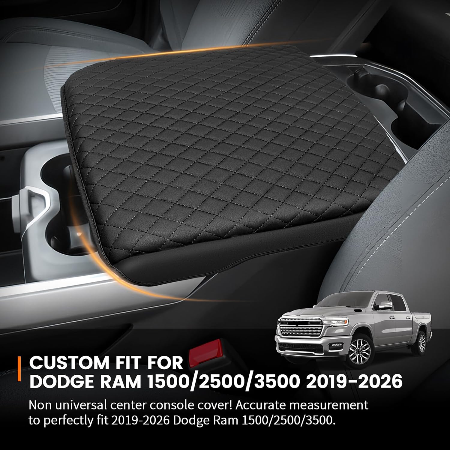 Custom for Center Console Cover 2019-2024 2025 2026 Dodge Ram 1500/2500/3500 Armrest Cover Accessories PU Leather Armrest Seat Box Cover Protector (Bucket Seat Only)