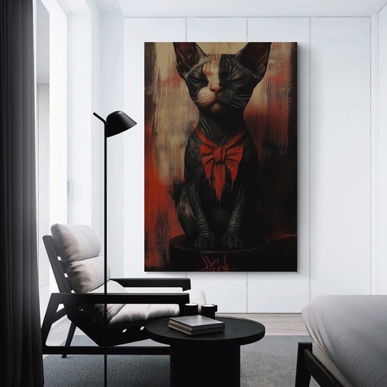 Junmoney Sphynx Cat with Bow Tie Wall Picture Print 24x36inch(60x90cm), for Lounge Decor, Offices Or Entryway Styling, Versatile Wall Decor for Many Rooms