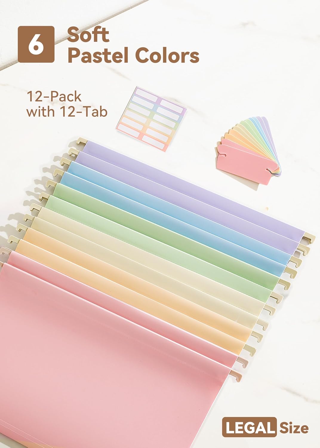 SortRax Plastic Legal Size Hanging File Folders, 12 Pack Pastel Hanging Folders, with Insertable 1/5-Cut Tabs for Filing Cabinets