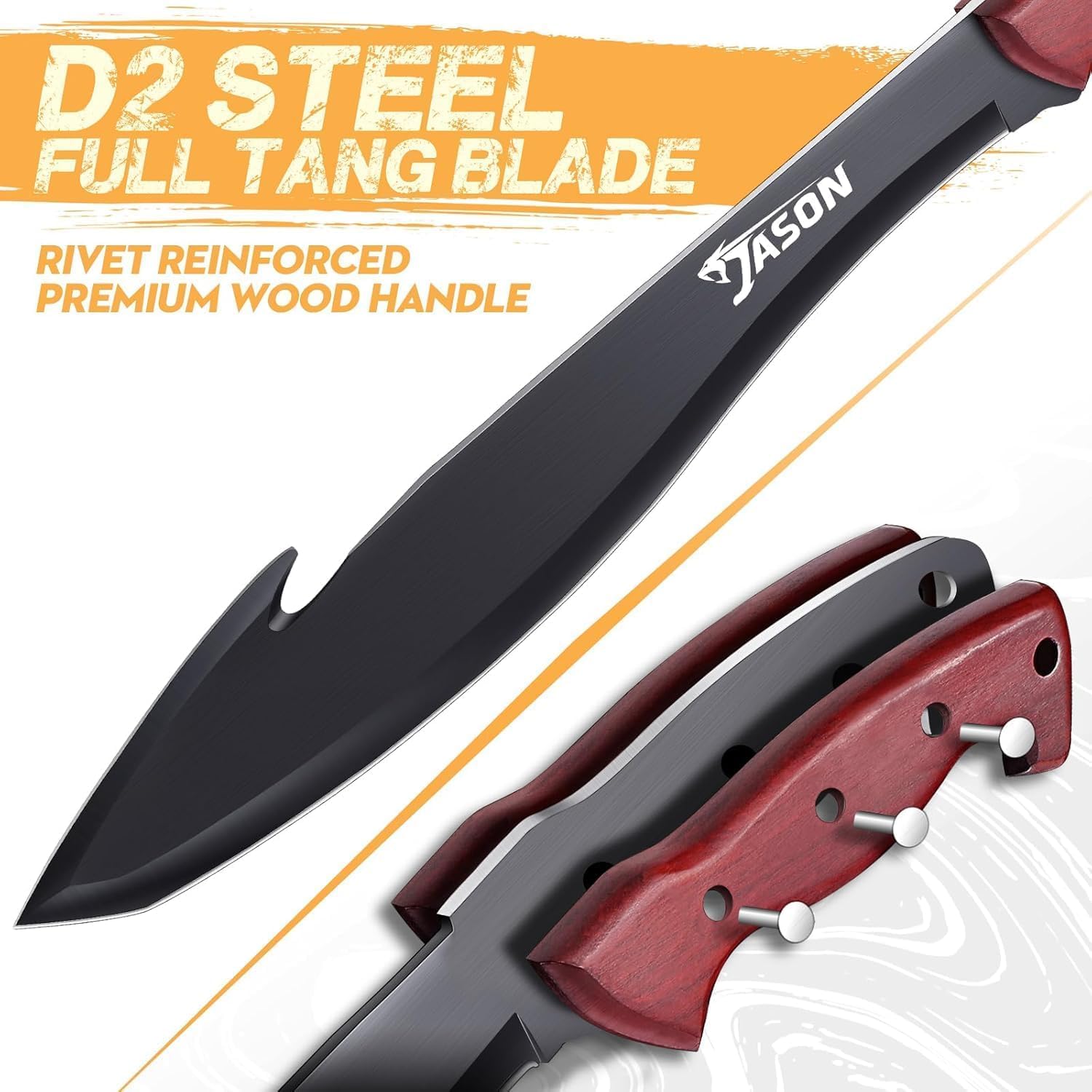 JASON Machete Survival Großes Outdoor Messer Feststehend mit Holzgriff Bushmesser Jagdmesser mit PU Scheide Großes Bushcraft Messer für Outdoor Aktivitäten