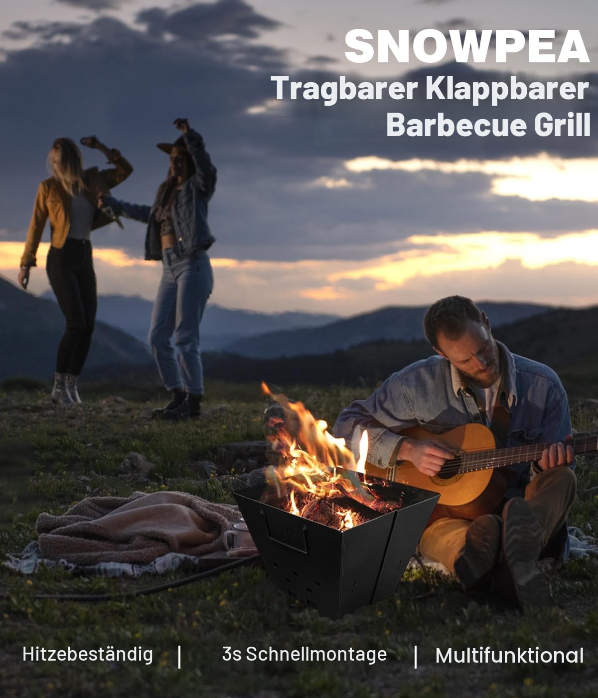 Snowpea - Tragbare Feuerstelle für Camping, Outdoor-Feuerstelle mit Tragetasche, Eisen-Feuerschale für Picknicks, Lagerfeuer, Terrasse - Mit Grillrost