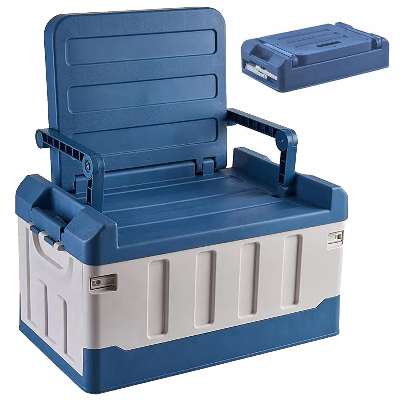 Versatile Foldable Seatable Car Organizer Box 60L Heavy Duty Storage Bins With Lids Trunk,Durable Plastic, Folding Camping Chairs (blue)