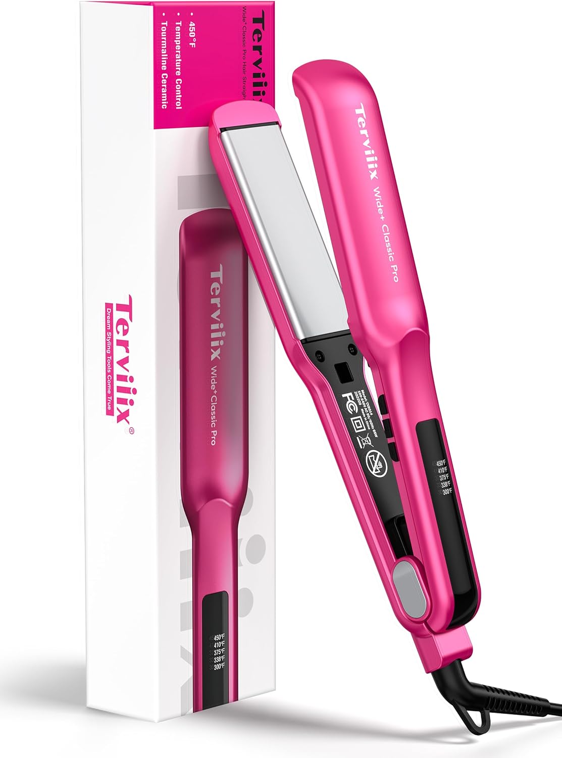 Terviiix Ceramic Hair Straightener, 1-1/2 Inch Wide Flat Iron for Hair, Professional Straightening Irons with Adjustable Temp, 30s Instant Heating, Get Silky Smooth Hair, Dual Voltage, Auto Off, Pink