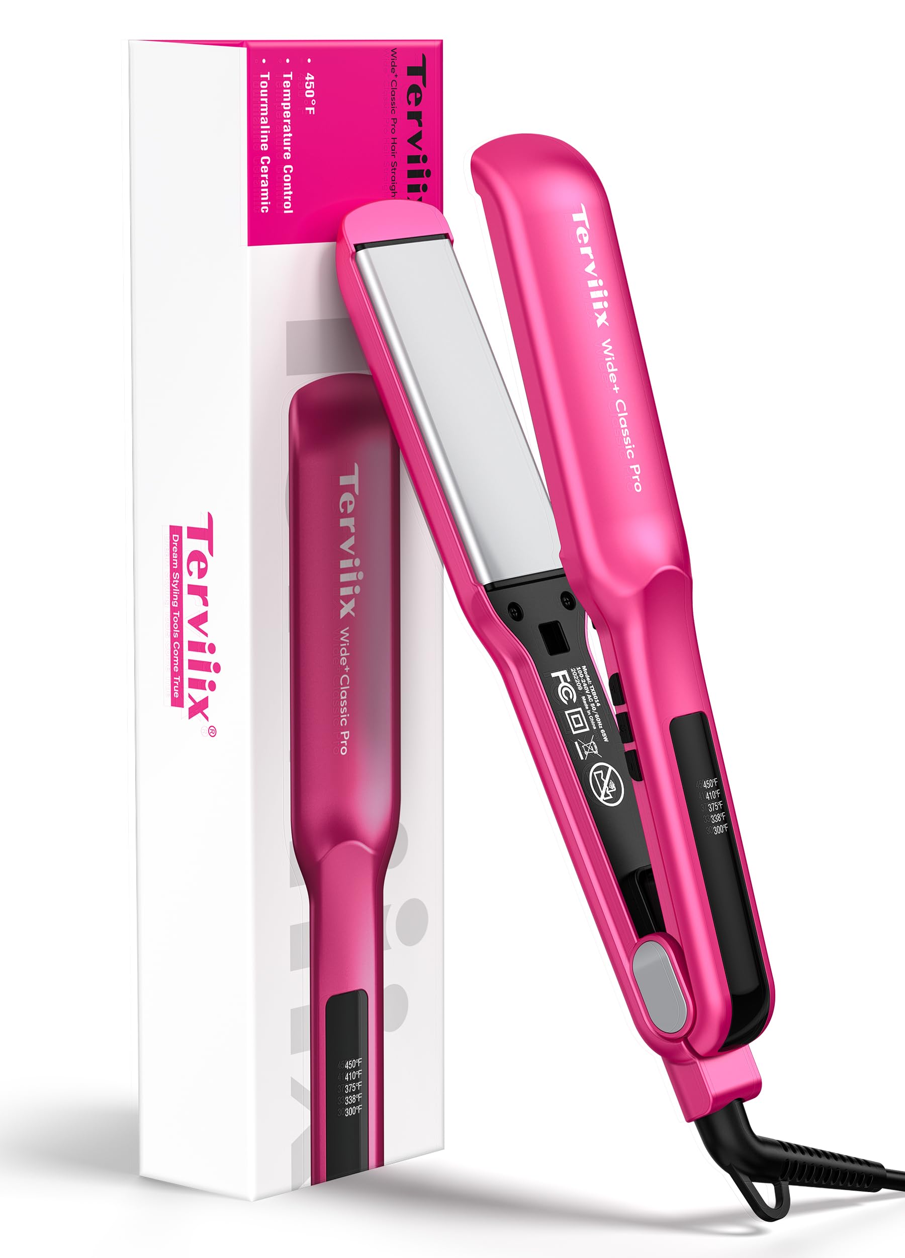 Terviiix Ceramic Hair Straightener, 1-1/2 Inch Wide Flat Iron for Hair, Professional Straightening Irons with Adjustable Temp, 30s Instant Heating, Get Silky Smooth Hair, Dual Voltage, Auto Off, Pink