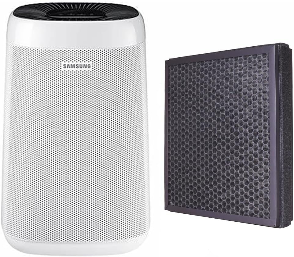 Samsung air purifier next to a new replacement filter