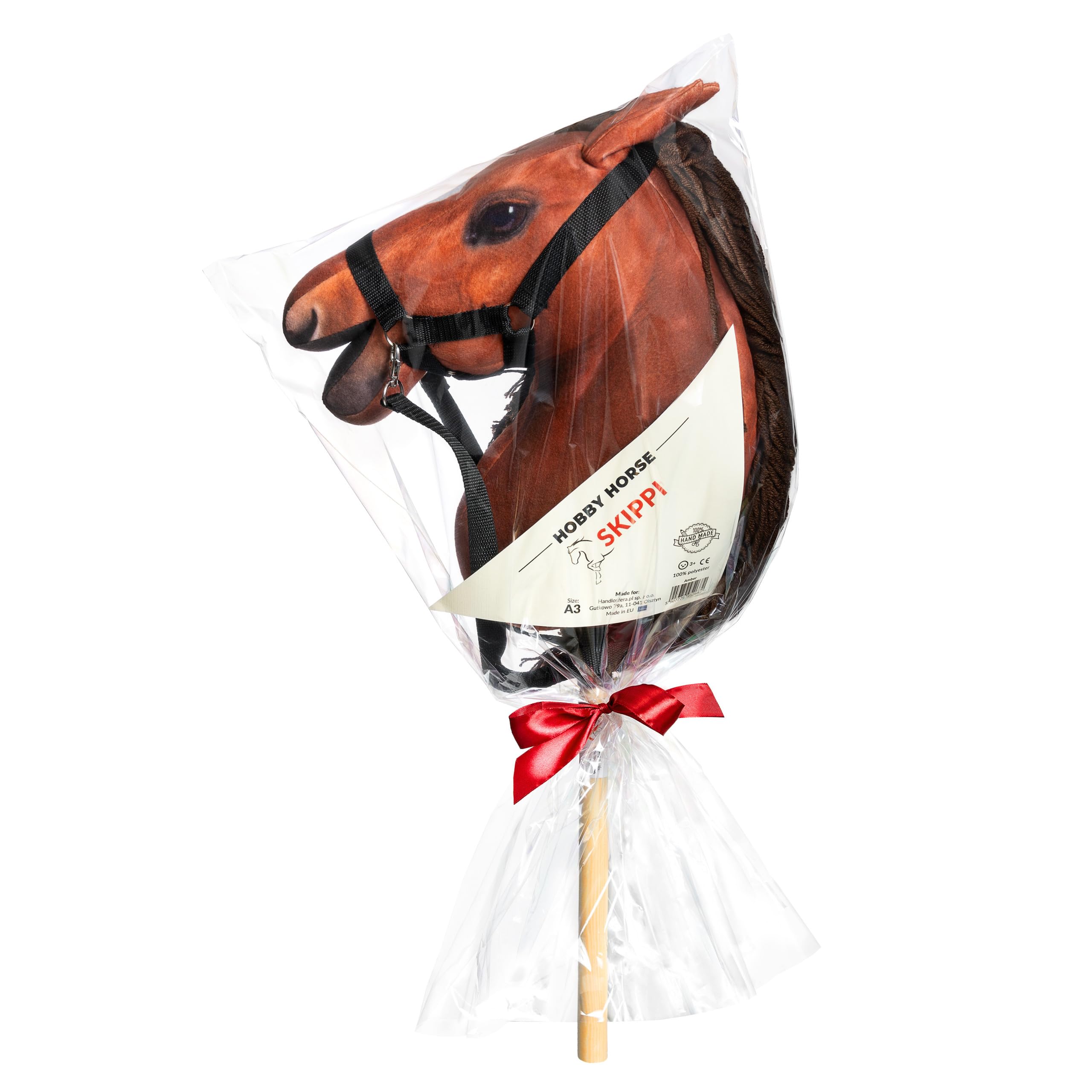 SKIPPI Hobby Horse Bursztyn, Koń na Kiju, Konik na Patyku, Duży A3, Kantar i Wodze w Zestawie, Hobby Horsing, prezent dla Dziewczynki, dla Dziecka