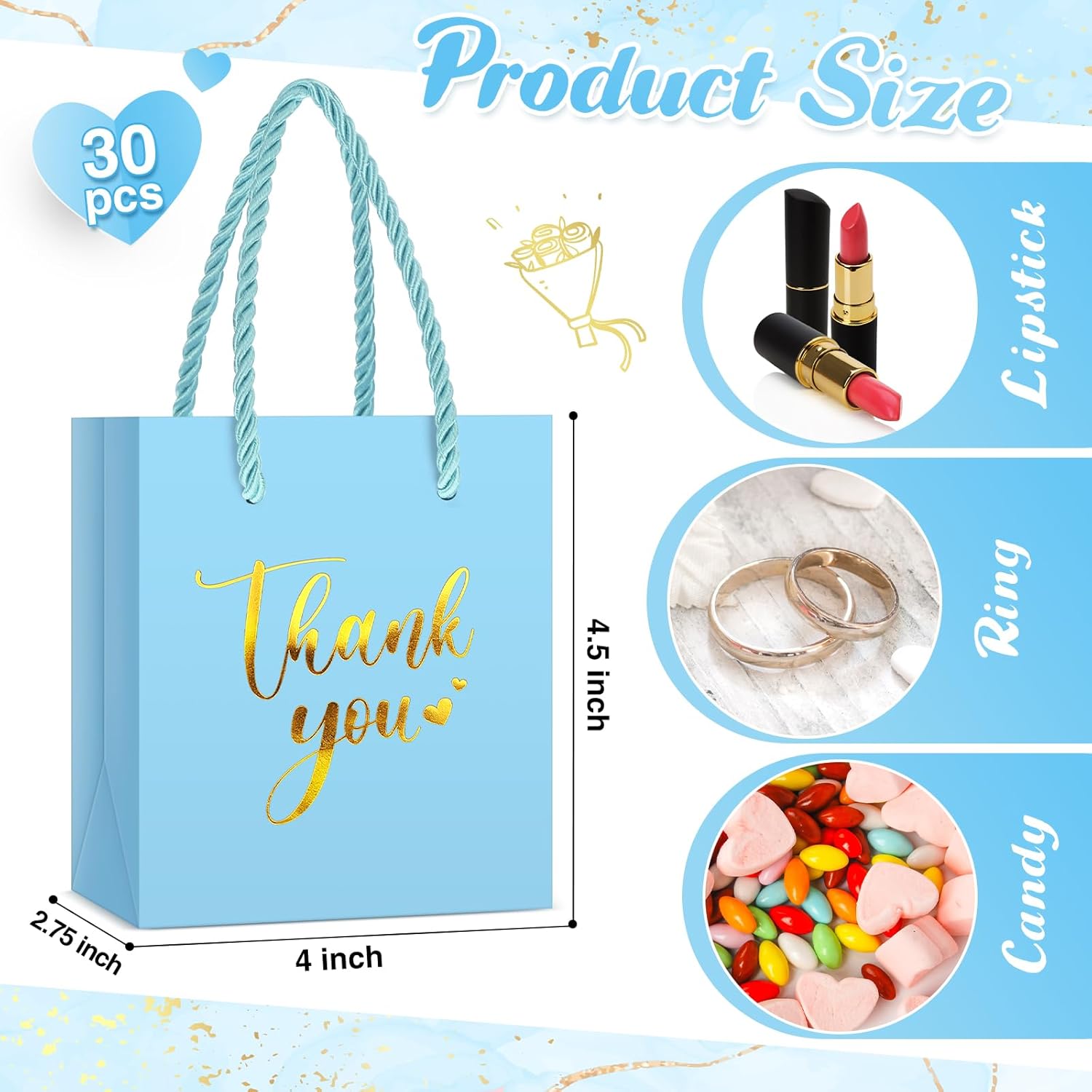 Honoson 30 Pcs Mini Gift Bag with Handle 4 x 2.75 x 4.5'' Small Thank You Bag Foil Paper Tote for Valentine's Day Wedding Baby Shower Birthday Graduation Party Favor Supplies(Light Blue/Gold) - Image 3
