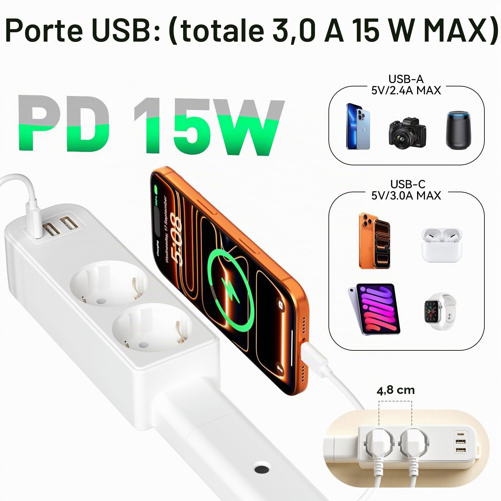 Multipresa Ciabatta Elettrica Estensibile con 3 asticelle estensibili, [Regolabile 9,92-37,32 pollici], 3 Presine AC, 2 USB-A, 1 USB-C, 360° montabile, ideale dietro divano e comodino