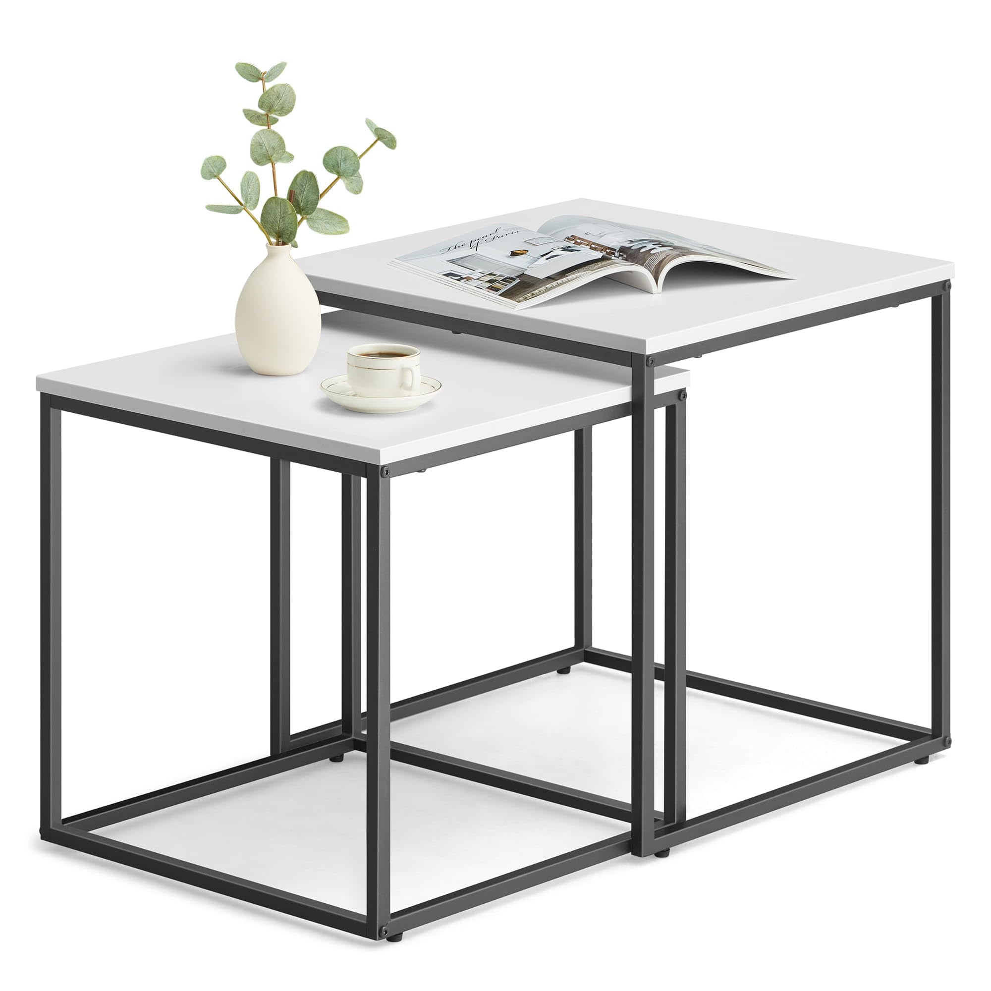 Couchtisch quadratisch 2er Set für Wohnzimmer – Beistelltische im Loft-Design, ineinander schiebbar, Sofatische aus Holzwerkstoff und Stahl, modern, platzsparend (Weiß)