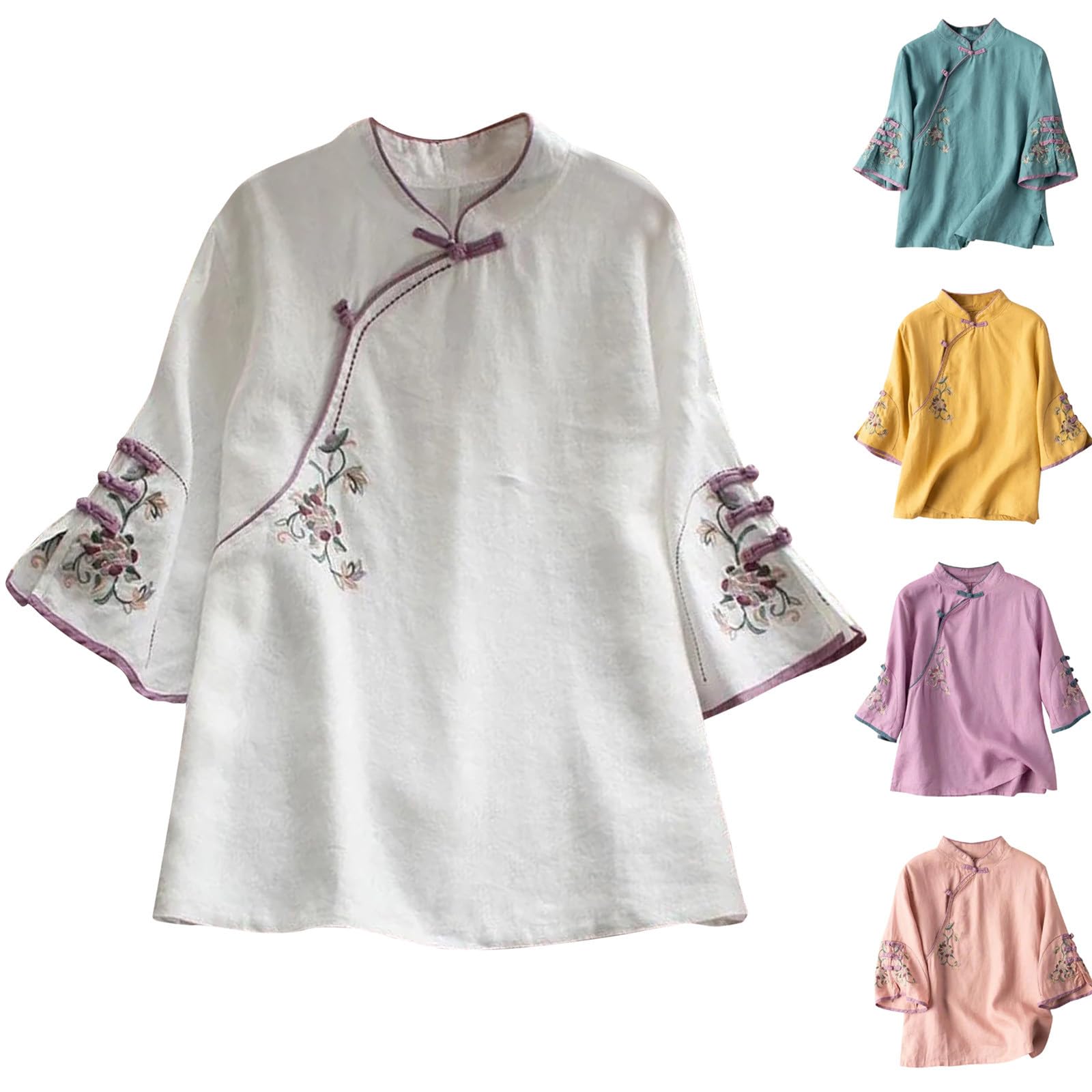 Plus Size Linen Tops Summer 3/4 Sleeve Chinese Frog Blouses Traditional Mandarin Embroidered Jacquard Shirts