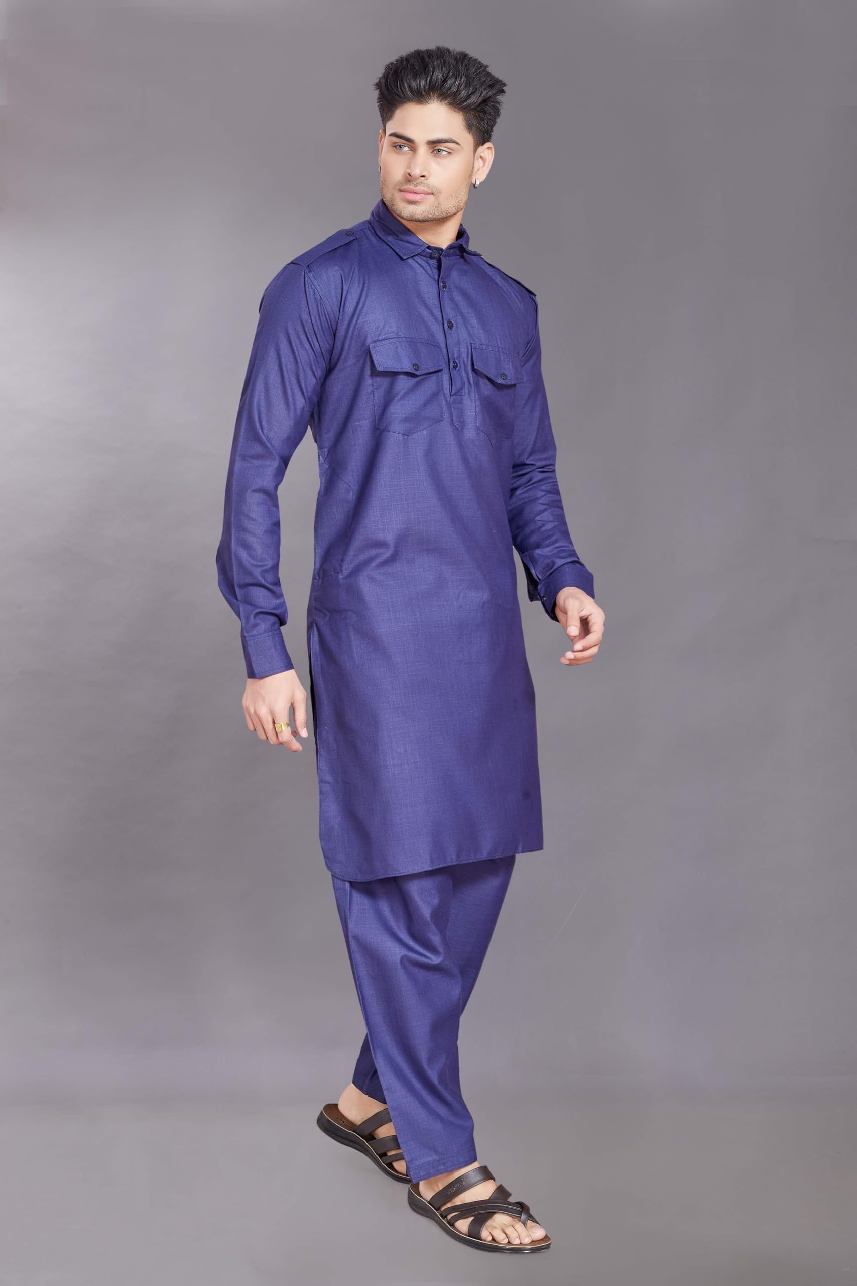 Divisive Men's Cotton Blend Pathani Kurta Pyjama Set (Dkrt458_Xxl_N Blue)
