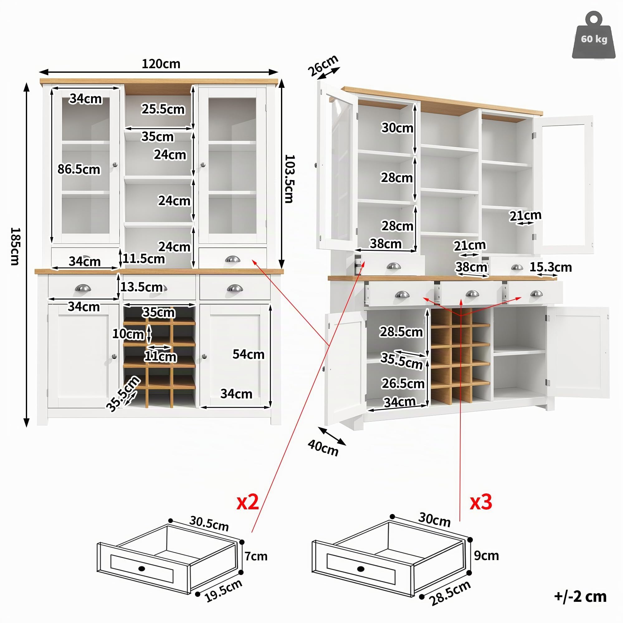 Alacena de Cocina Versátil con Botellero Desmontable y Dispositivo Antivuelco, Armario Cocina con 5 Cajones y 4 Puertas, Aparador Cocina con Estantes Abiertos, 120x40x185 cm, Blanco