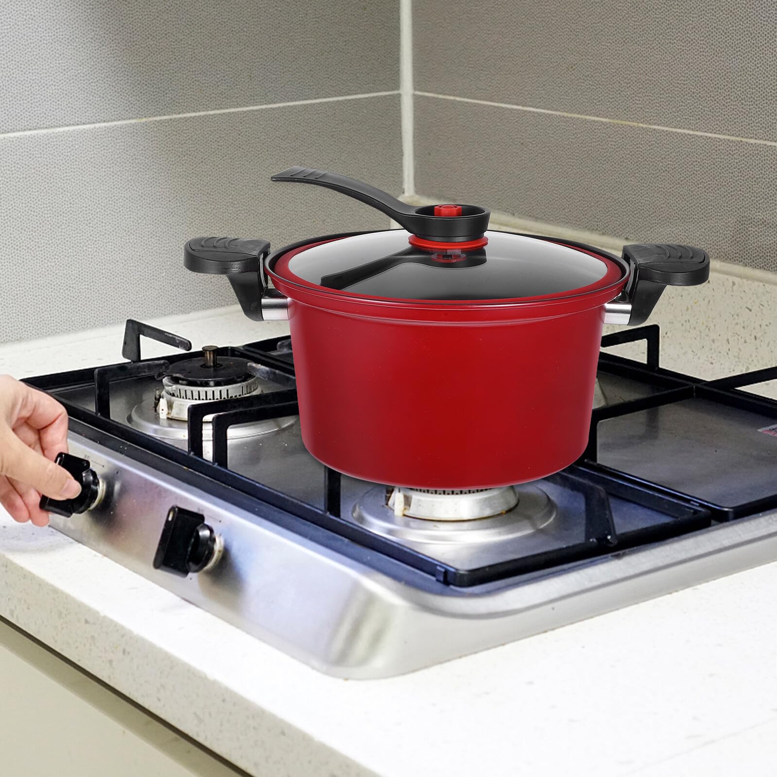 Olla de Presión Multifuncional Roja de Acero Inoxidable Tapa de Vidrio, Antiadherente y Fácil de Limpiar para Cocina de Inducción y Gas
