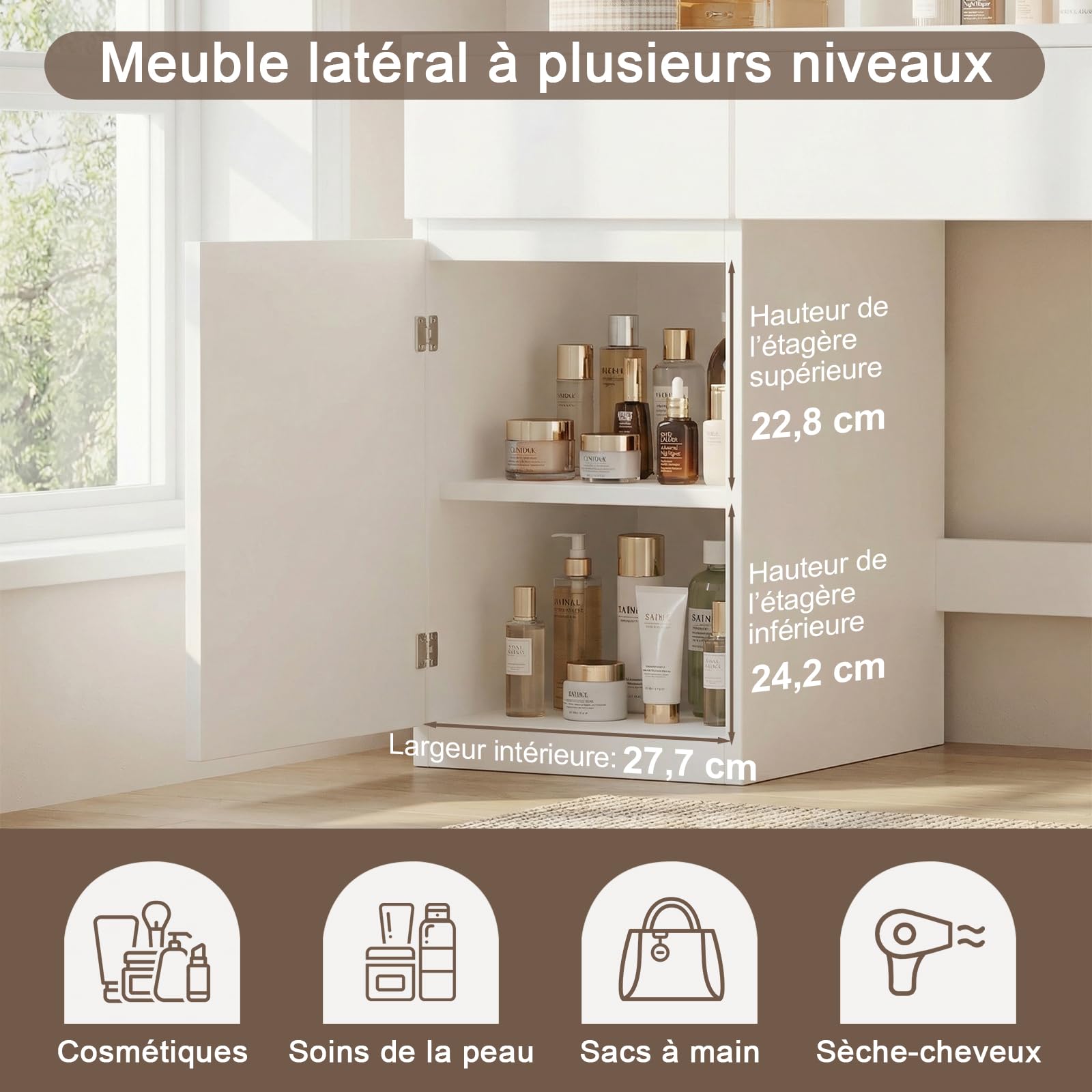 JUMMICO Coiffeuse avec Grand Miroir LED et Espace de Rangement Abondant, Table de Maquillage Moderne avec 2 Tiroirs, 1 Armoire Latérale et 4 Compartiments (Blanc)