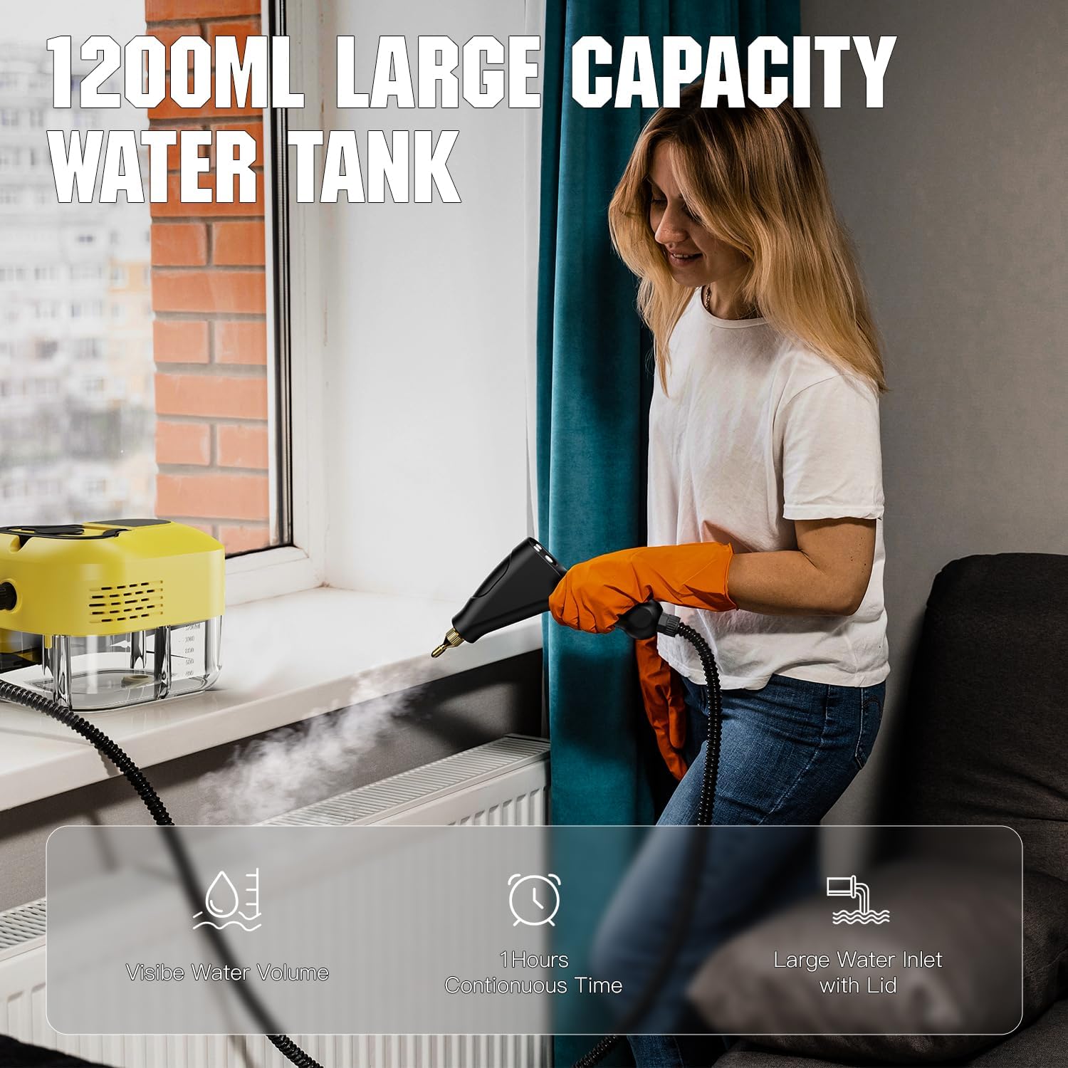 Steam Cleaner for Home&Kitchen, 212°F High Temperature, 1200ML Tank, Portable Handheld Steam Cleaner for Car Carpet Detailing Window Floor Couch Grease Tile, Pressurized Steamer for Cleaning - Image 5