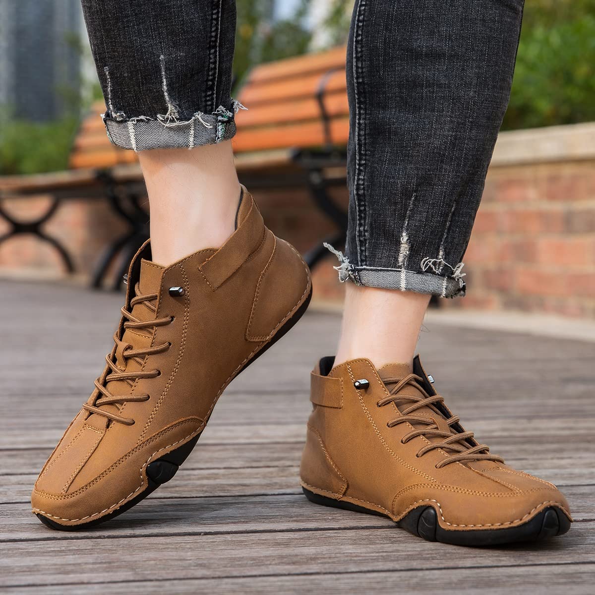 Italienische handgefertigte hohe Stiefel für Herren mit Klettverschluss, Outdoor-Beck-Schuhe, atmungsaktiv, rutschfest, lässig, barfuß, zum Gehen, Wandern, Fahren, Chukka-Stiefel(Braun,42 EU)