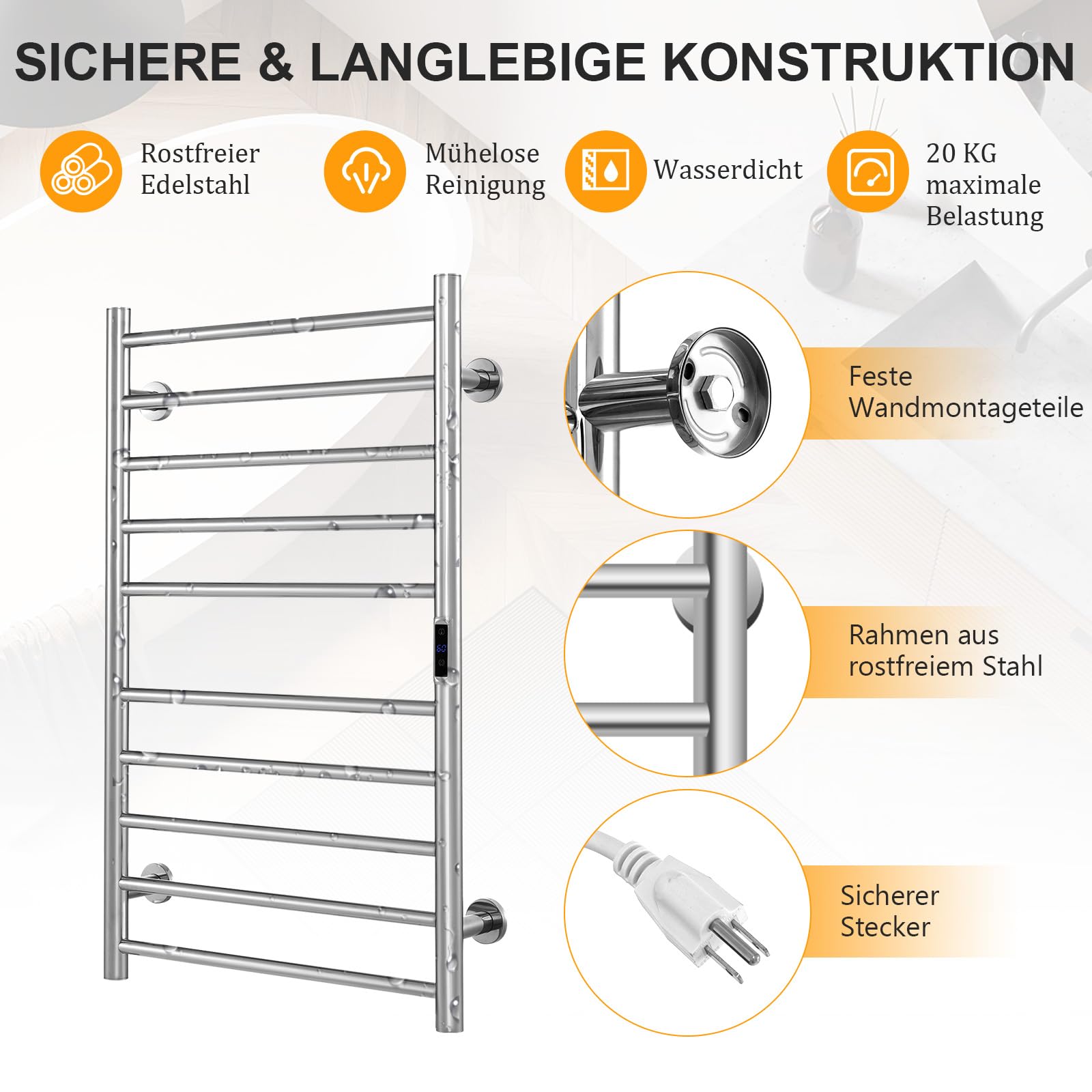 RELAX4LIFE Elektrischer Badheizkörper 860 x 530mm Handtuchwärmer mit LCD-Anzeigebildschirm Timer-Funktion Überhitzungsschutz Handtuchtrockner Wandmontage Heizkörper Bad aus Edelstahl Silber Gerade