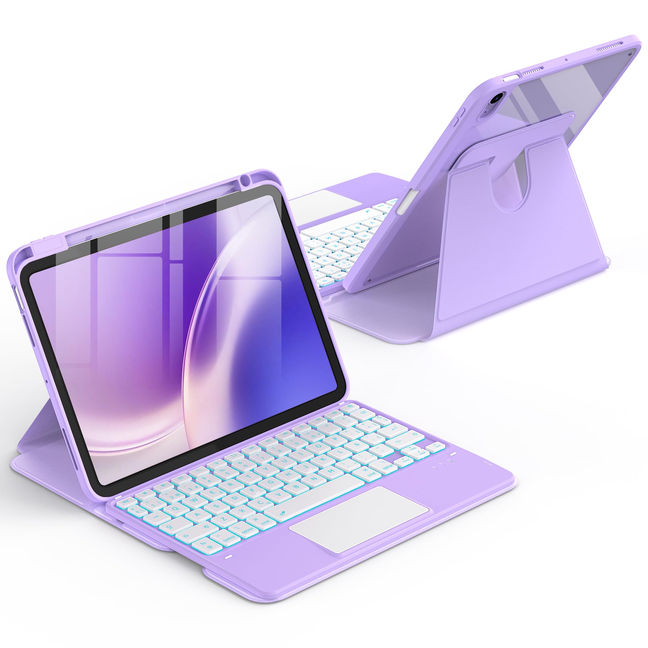 CACOE 360° Rotating Keyboard Case for iPad Air 8/7 Generation 2026/2025 M4/M3 11 Inch Air 6/5/4 with Touch Panel, 7 Color Backlight, Removable Wireless Keyboard, Purple