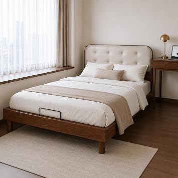 Small Double Upholstered Ash Wood Bed Frame with Tufted Headboard