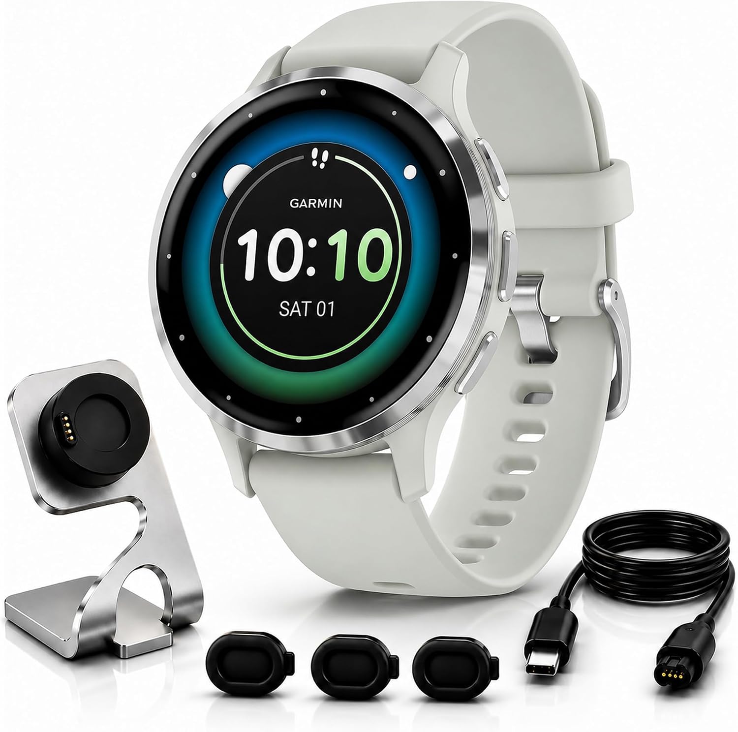Garmin Venu 3S GPS Smartwatch, 41mm Silver/Grey, Fitness Tracker with 10-Day Battery & Sleep Coach - Includes Premium Charging Stand, Extra Power Cable & Port Protector Plugs (Renewed)