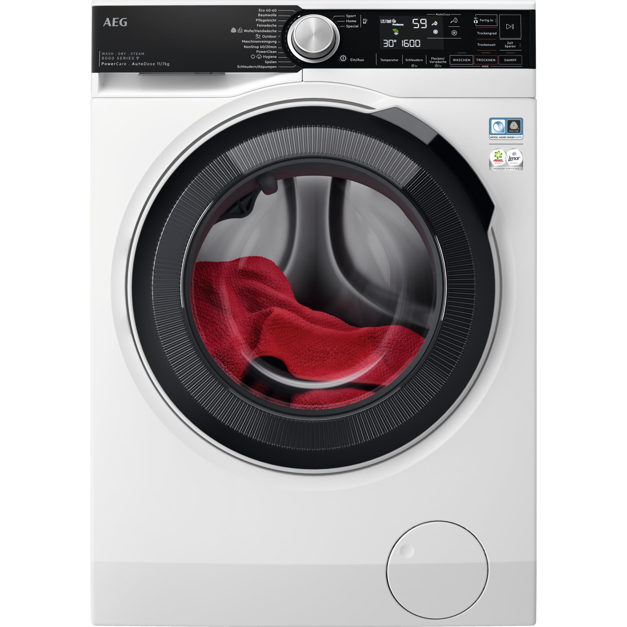 AEG WiFi Waschtrockner, 11 kg Waschen, 7 kg Trocknen, D/A-10%, Serie 8000 PowerCare – Faserschonendes Waschen und Trocknen, AutoDose - Präzisionsdosierung von Waschmittel, 1600 U/min, LWR8D80610