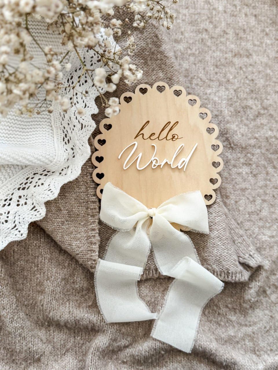 Curious Button Wooden Hello World Baby Announcement Plaque 6 Inch | Nursery Photo Prop | Newborn Announcement Sign with Bow, Nursery Decor-image-12