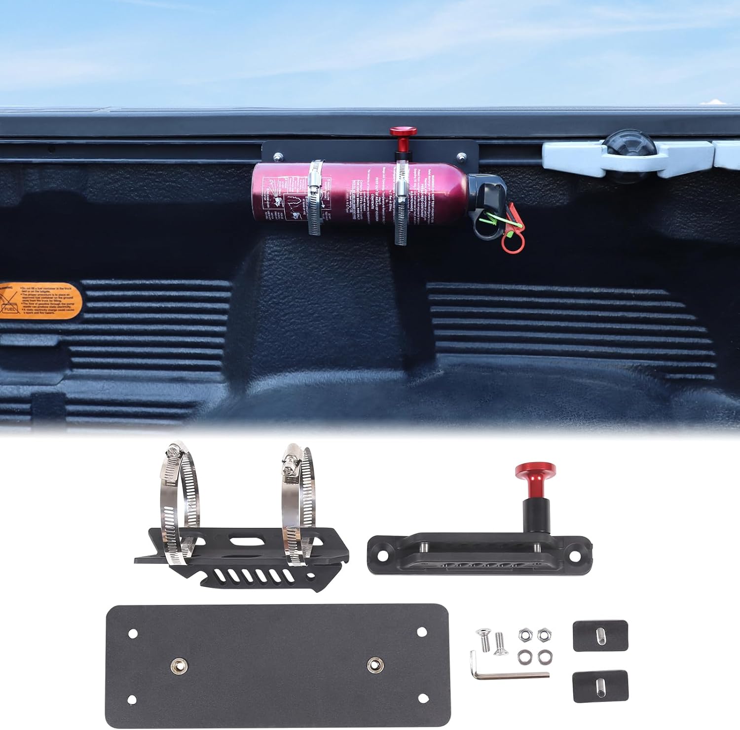 Aunginsy Truck Bed Rail Side Fire Extinguisher Bracket Compatible with Toyota Tundra 2014-2021 Quick Release Roll Bar Fire Extinguisher Adjustable 2 Clamps Mount Bottle Tie Bracket Billet Accessories