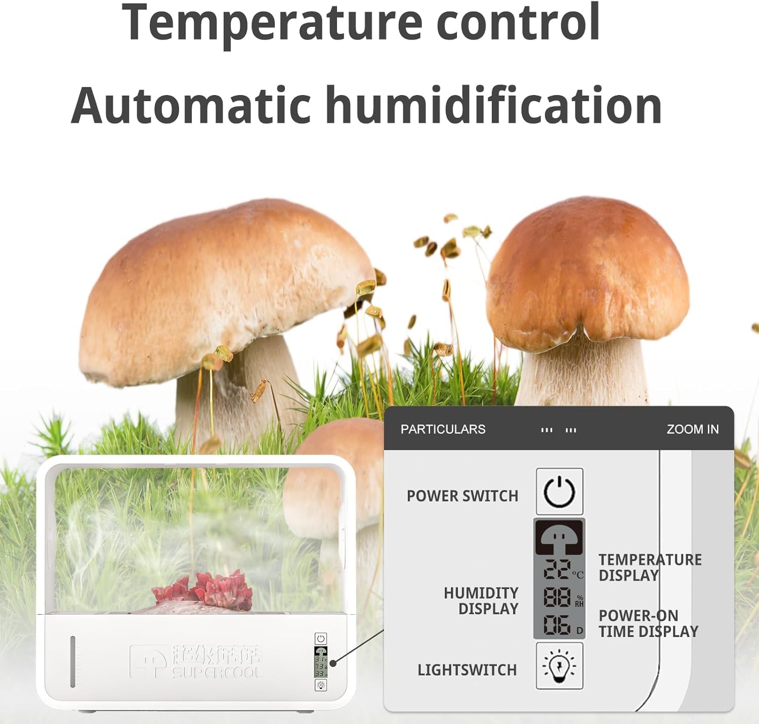 Kit De Cultivo De Setas De Interior Incluye Luz para Cultivo De Hongos. Sistema De Aire Fresco, Temperatura HumidificacióN AutomáTica para Hongos Shiitake