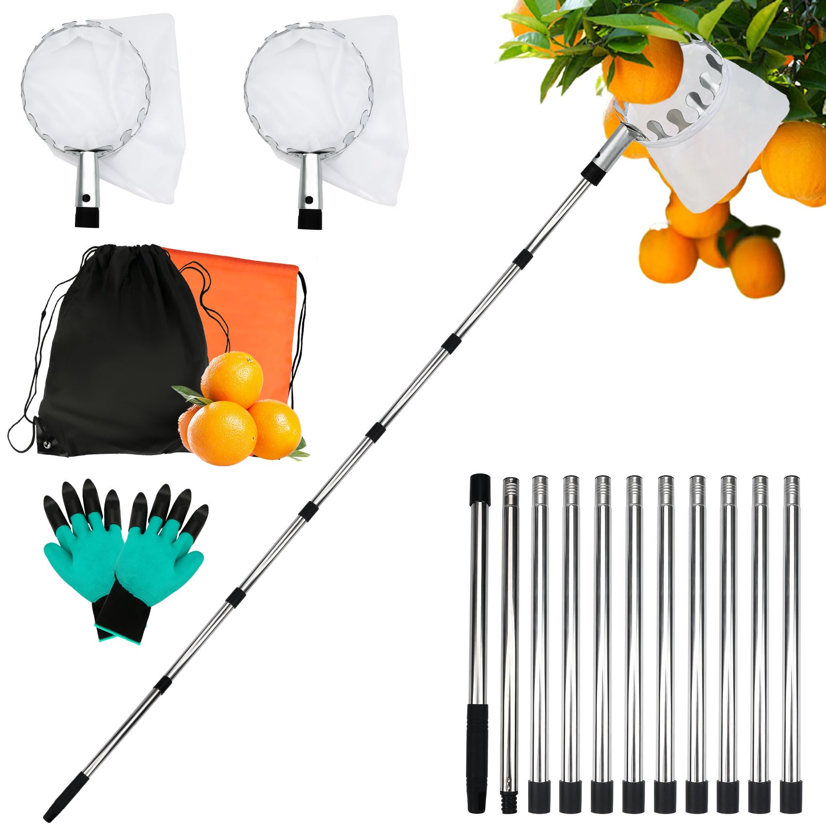 4.2M Obstpflücker mit Teleskopstiel, Apfelpflücker, Kirschenpflücker für Kirschen, Pflaumenpflücker mit 2 Baumwollbeutel Diameter 16 cm, Obstpflücker für Ernteernte Apfel Zitrus Birnen