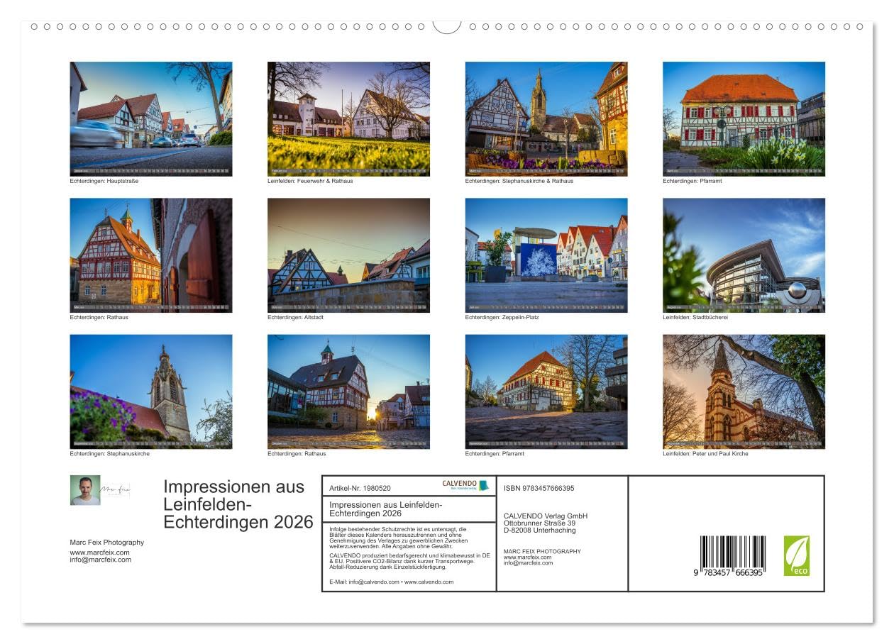 Impressionen aus Leinfelden-Echterdingen 2026 (hochwertiger Premium Wandkalender 2026 DIN A2 quer), Kunstdruck in Hochglanz