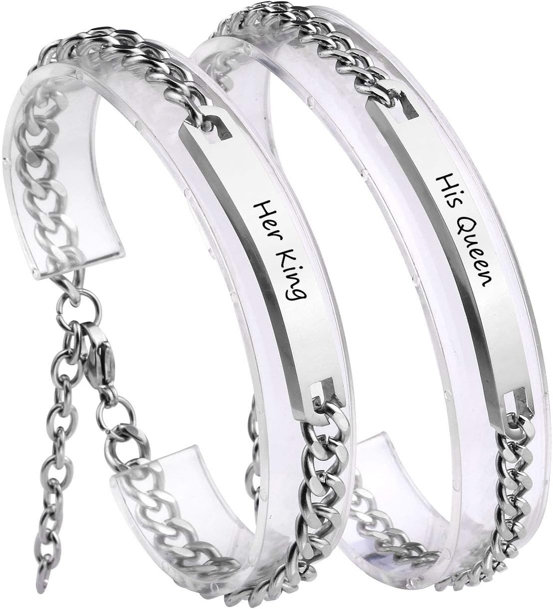 PiercingJ VALENTINES GIFTS Stainless Steel CZ Men Women Couple Curb Bracelet Matching Set Link Chain Wrist Bangles + Gift Box