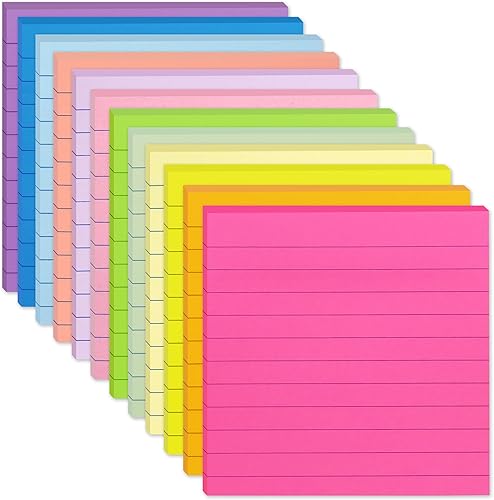 Paquete de 12 notas adhesivas forradas de 4 x 4 pulgadas, 12 colores brillantes autoadhesivos, bloc de notas autoadhesivas superadhesivas, notas