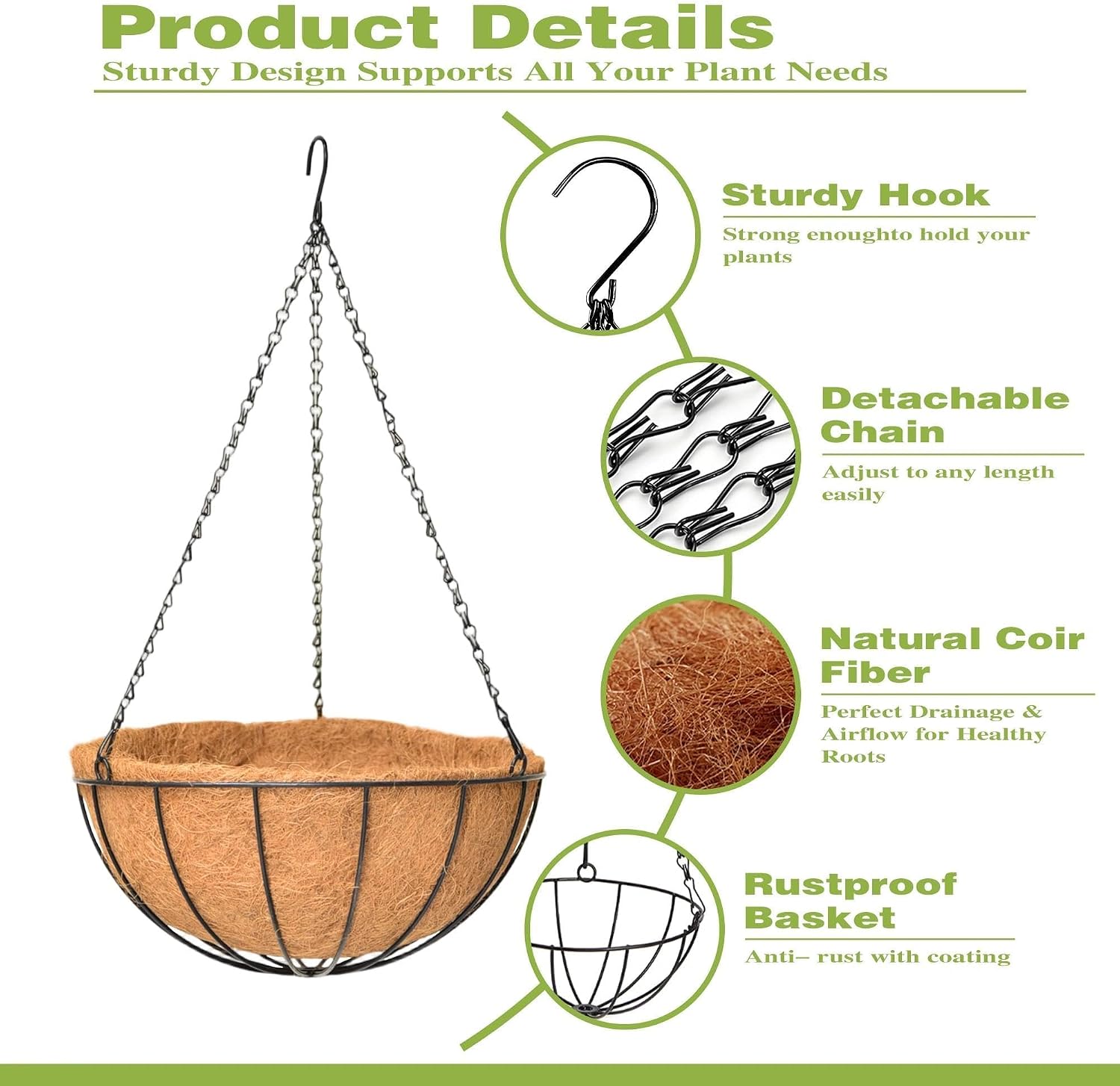 4 Pack 14 Inch Hanging Baskets for Plants Outdoor Metal Hanging Planter Hanging Flower Baskets with Coco Fiber Liners Chain Round Wire Plant Holder Hanging Flower Pots(Watermelon)