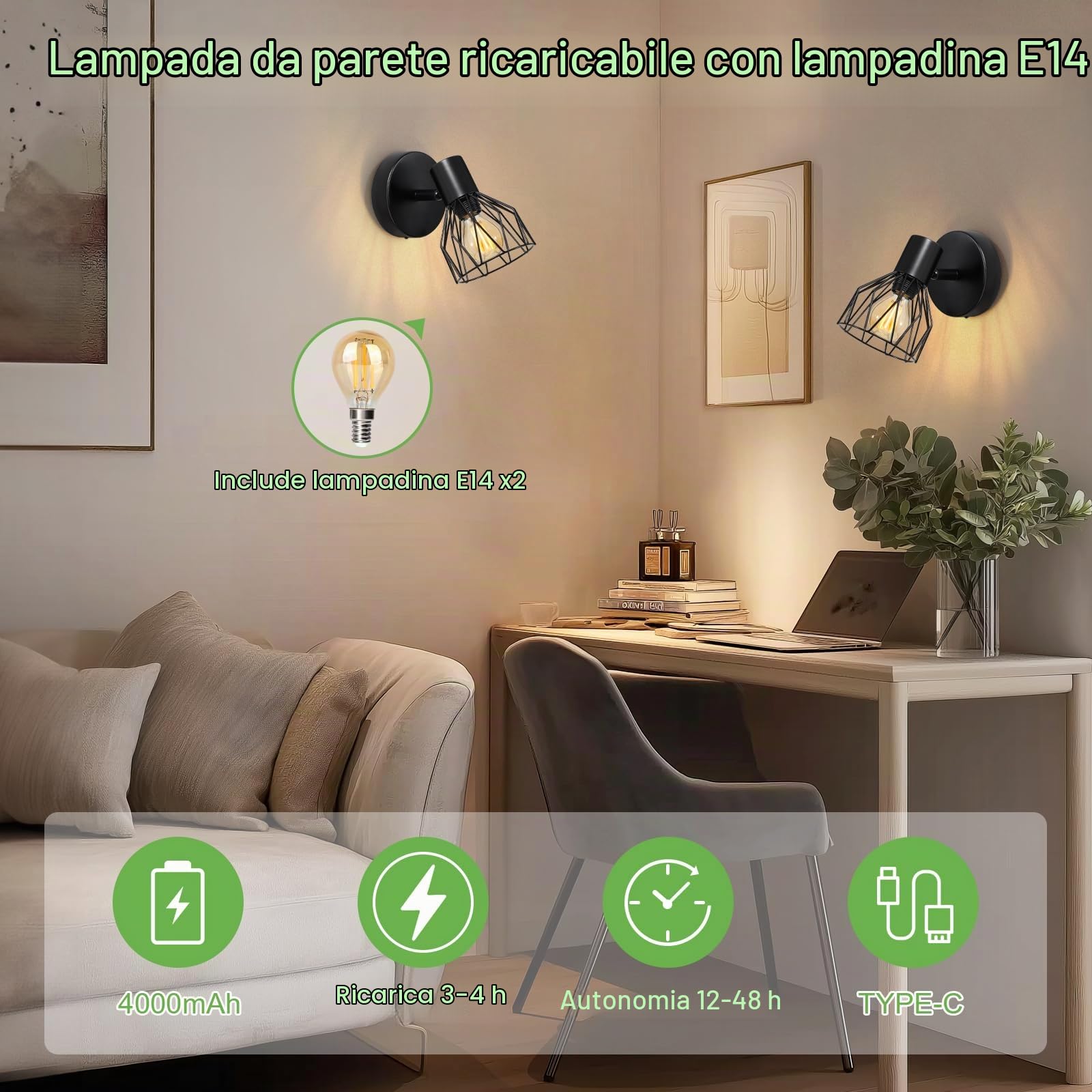 Kimjo Applique da Parete Interno, Lampada da Parete Ricaricabile Senza Fili