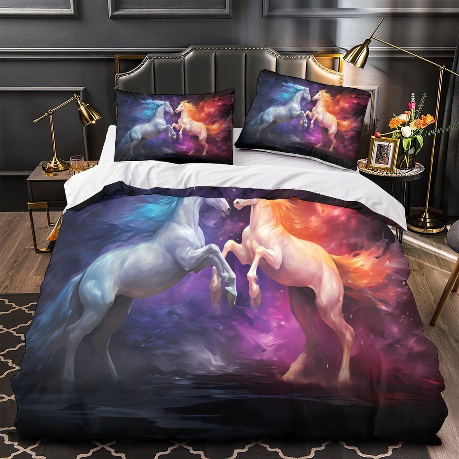 Housse de couette chevaux 3D anti-tache et anti-décoloration en microfibre pour lit King