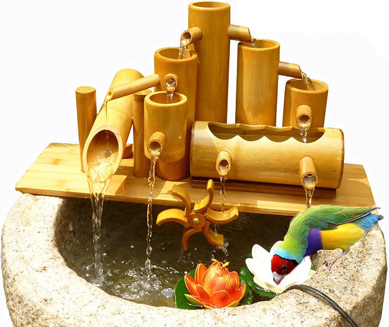 OTQEFTN Garden Fountain Bamboo Fountain Decor, Garden Water Feature, with Water Pump, Waterwheel and 3 Lotus, Outdoor Flowing Zen Garden Decor Desktop Fountain Home Decor