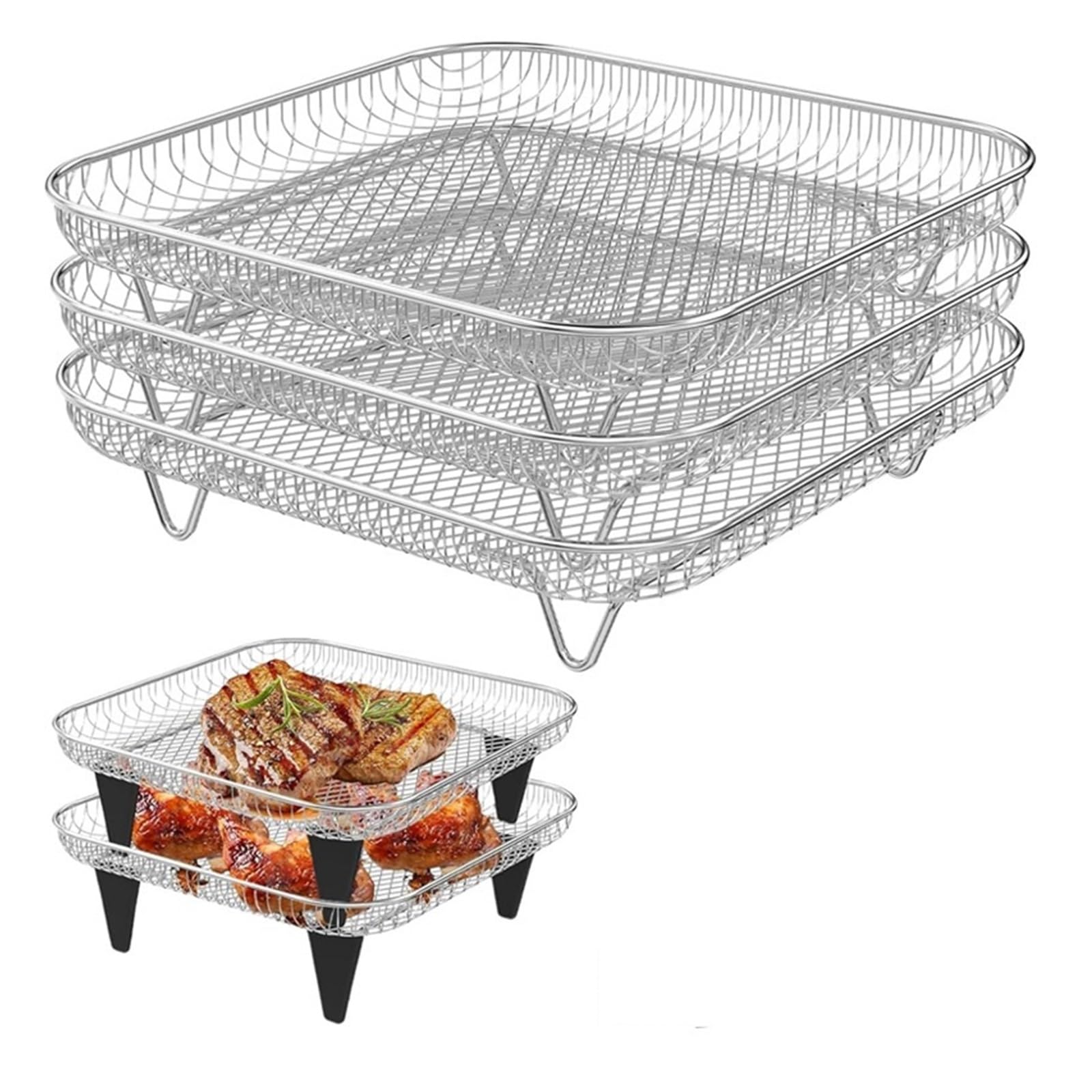 Rejilla de vapor, soporte cuadrado de acero para freidora 20x20 cm | 20 x 20 cm, plateado, soporte cuadrado de acero para barbacoa y filtro de aceite(B SET)