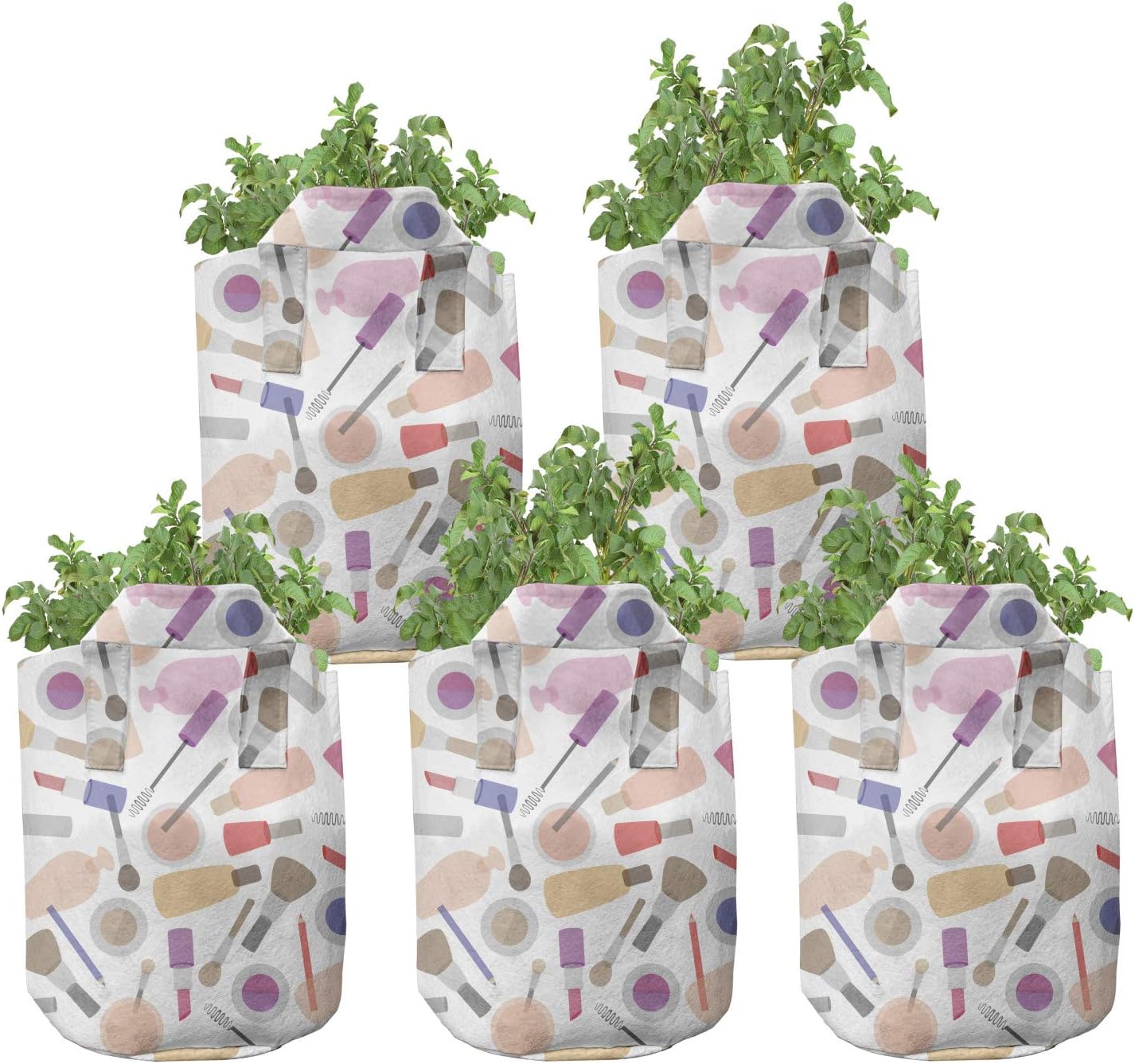 Lunarable Makeup Grow Bags 5-Pack, Cosmetic Fashion Appearance, Heavyduty Fabric Pots with Handles for Plants, 7 Gallon, Multicolor