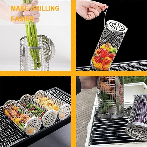Miniatura 4 de Tofern Cesta de parrilla con ruedas para exteriores, tubo redondo de malla de acero inoxidable para barbacoa, cesta de barbacoa, cesta antiadherente