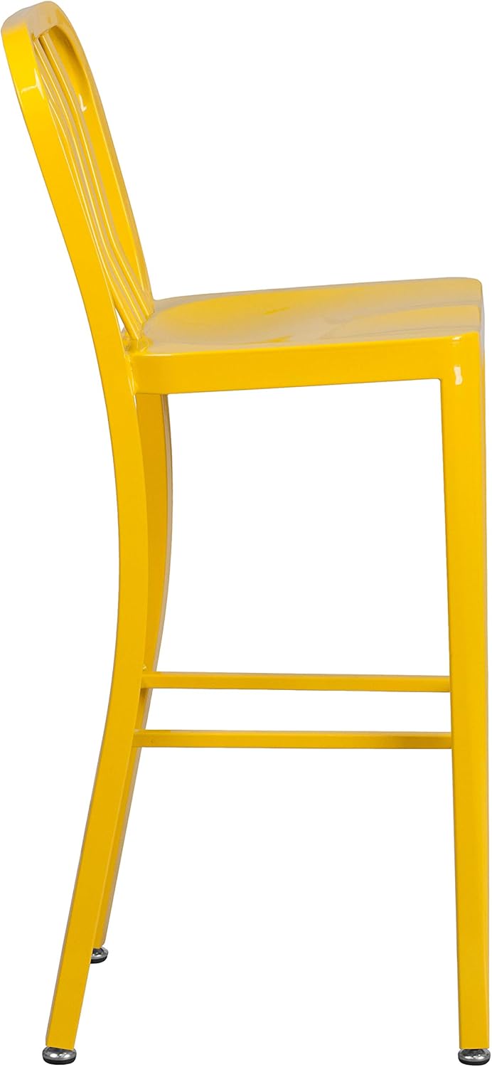 BizChair Commercial Grade 30" H Yellow Metal Indoor-Outdoor Barstool with Slat Back