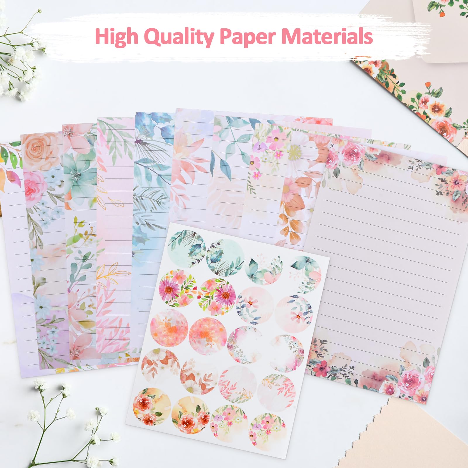 Zestaw papeterii listowych z kopertą, kolorowe, eleganckie etui na kwiaty, papier listowy, zestaw do piśmiennictwa (10 stylów), 50 A5 w linie i 50 kopert, 60 naklejek, koperty, papier do pisania