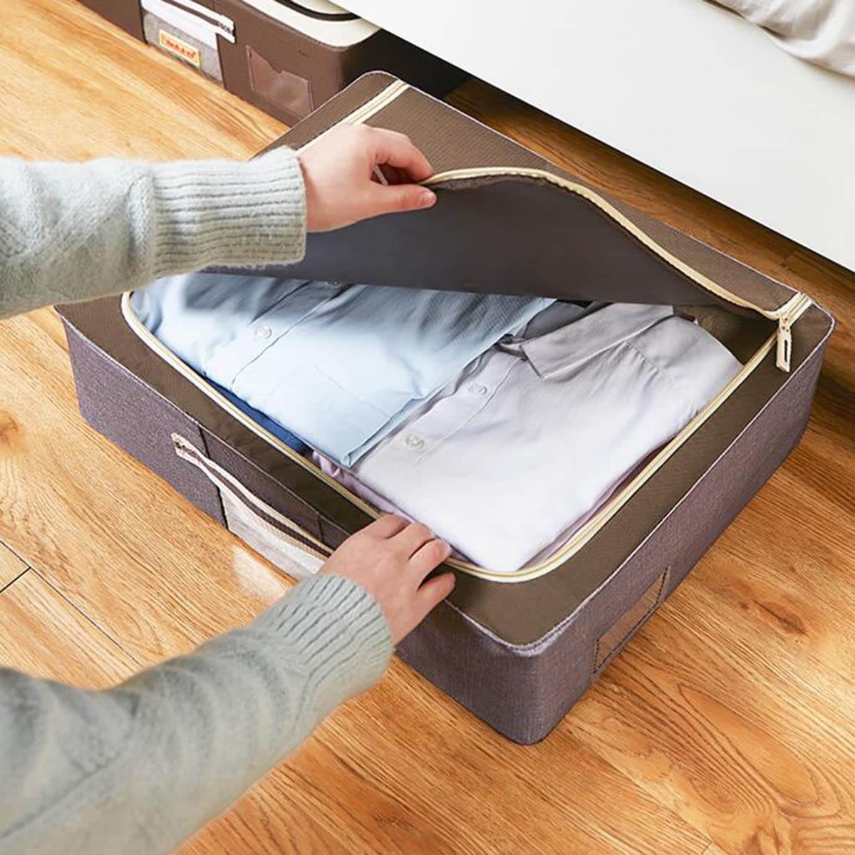 Amonsen 56 * 33 * 32 cm, Grandes boîtes de rangement pliantes pour armoires avec couvercle zippé et pochette pour étiquettes, poignées, pour l'organisation des vêtements et de la literie, beige