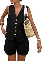 PRETTYGARDEN Women's Sleeveless V-Neck Button-Down Vest & High-Waisted Pockets Shorts 2-Piece Summer Outfit Set