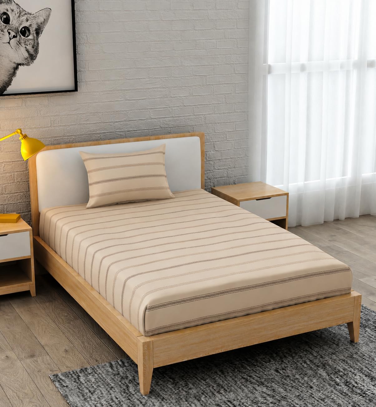 Homefab India 220 TC Microfiber Soft Cotton BedSheet for Single Bed with 1 Pillow Cover - Beige, Stripes-image-18